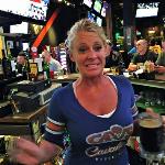 This is Tricia, our bartender,
and Cavs fan for the evening. 
I just noticed that she was
wearing a Cavs jersey. Up 
until the playoffs she wasn't
permitted to wear one as she religiously done in the past. 
And they WON! 