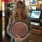 Bartender Karen celebrated her Birthday on our Geezers
Nite out on October 21, 2015.
Here she is holding the Big
Cookie that Spike got her to
celebrate the Big Day.